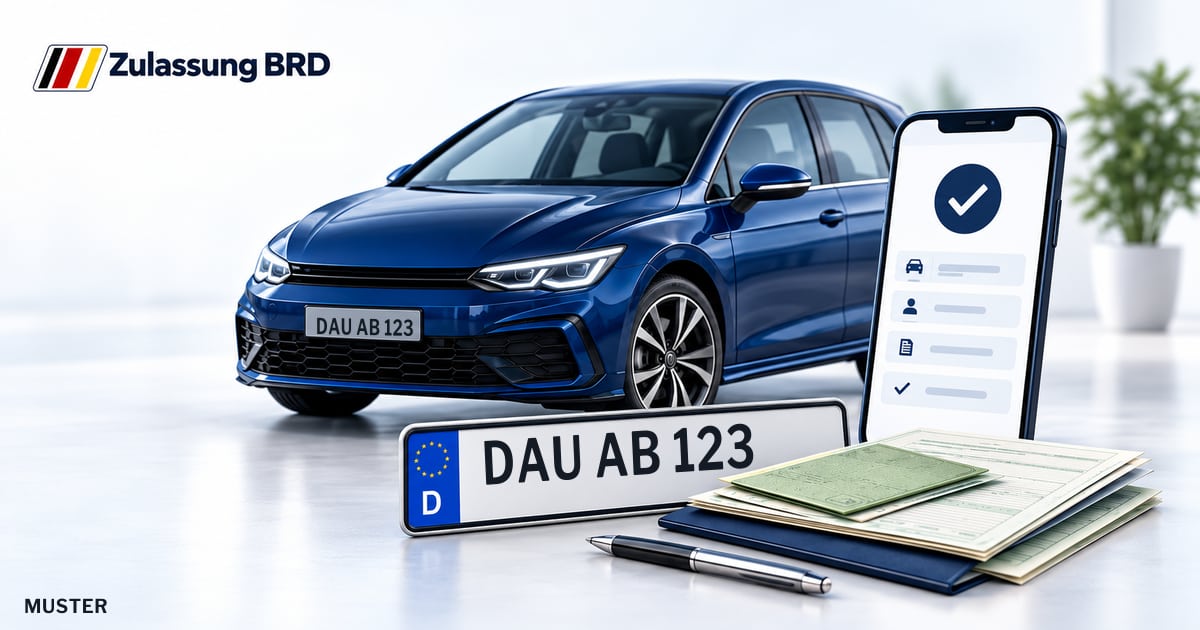 Online Fahrzeugzulassung in Landkreis Vulkaneifel: Musterkennzeichen DAU AB 123, Auto und Fahrzeugpapiere und Smartphone. Illustration mit Logo von Zulassung BRD.